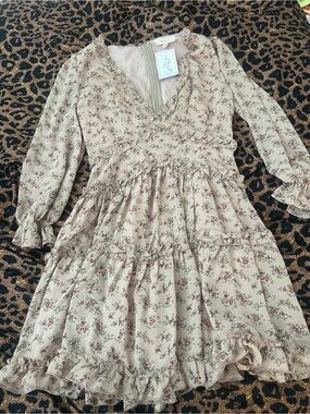 Bliss Beige Floral Ruffle Midi Dress
